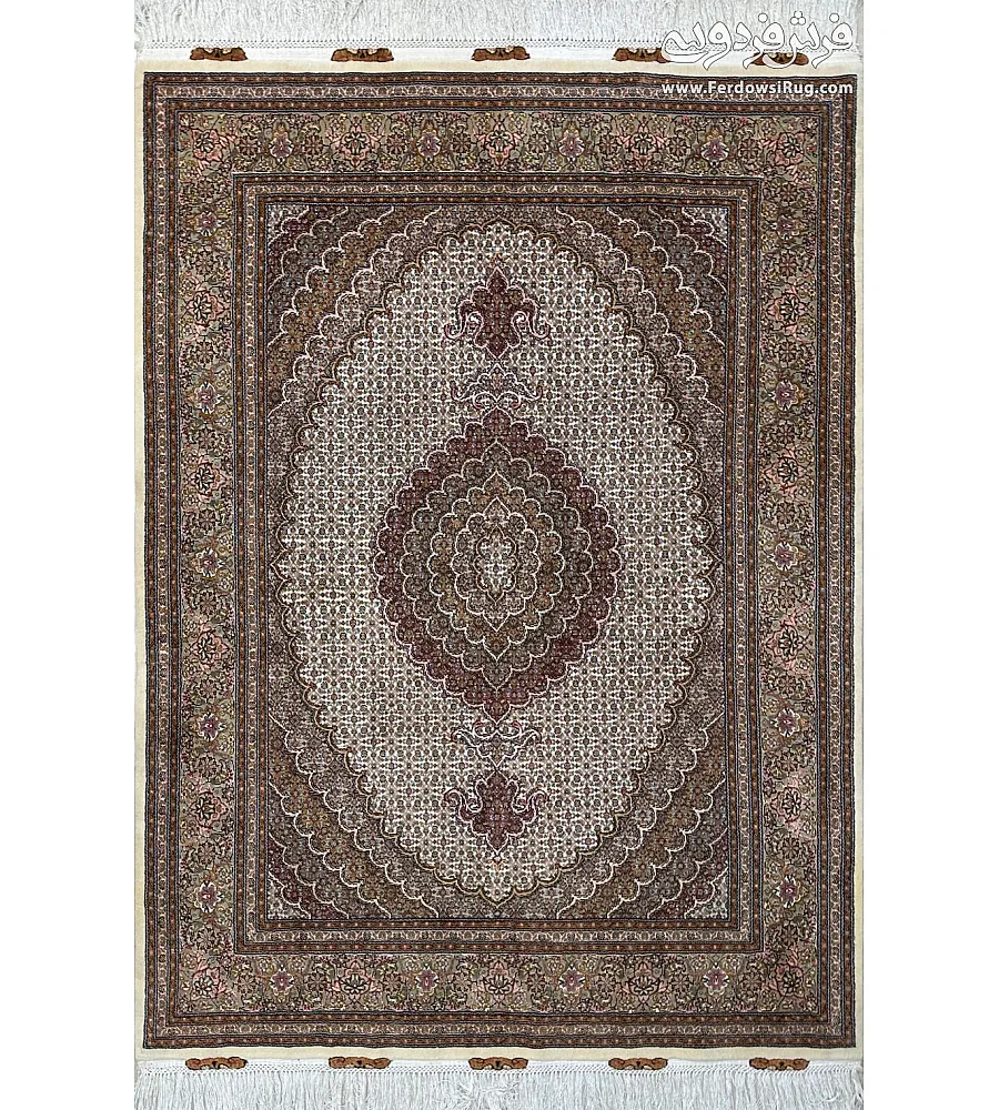 Handwoven cream carpet, Kamal-ol-Molk design, 3-meter Tabriz rug, 50 Raj quality, elegant Persian craftsmanship