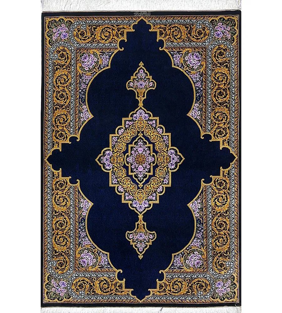 Handmade Persian rug, 3 meters, pure silk with intricate Mosavi design, crafted in Iran; luxurious and elegant home decor piece.