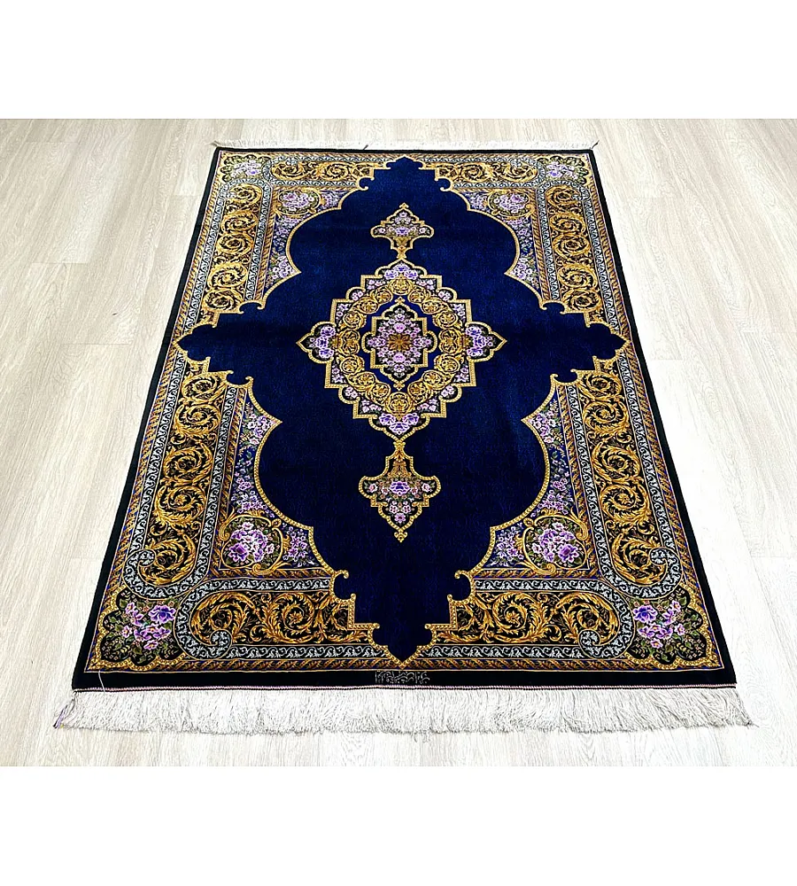 Handmade Persian rug, 3 meters, pure silk with intricate Mosavi design, crafted in Iran; luxurious and elegant home decor piece.