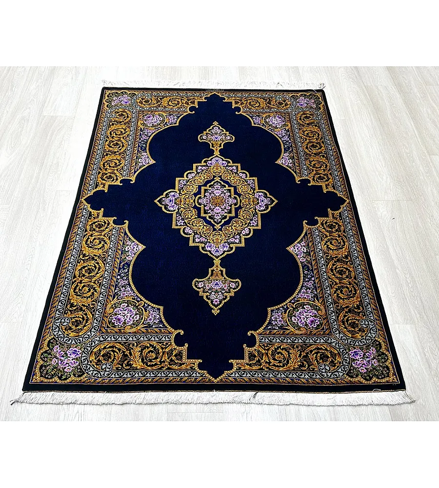 Handmade Persian rug, 3 meters, pure silk with intricate Mosavi design, crafted in Iran; luxurious and elegant home decor piece.