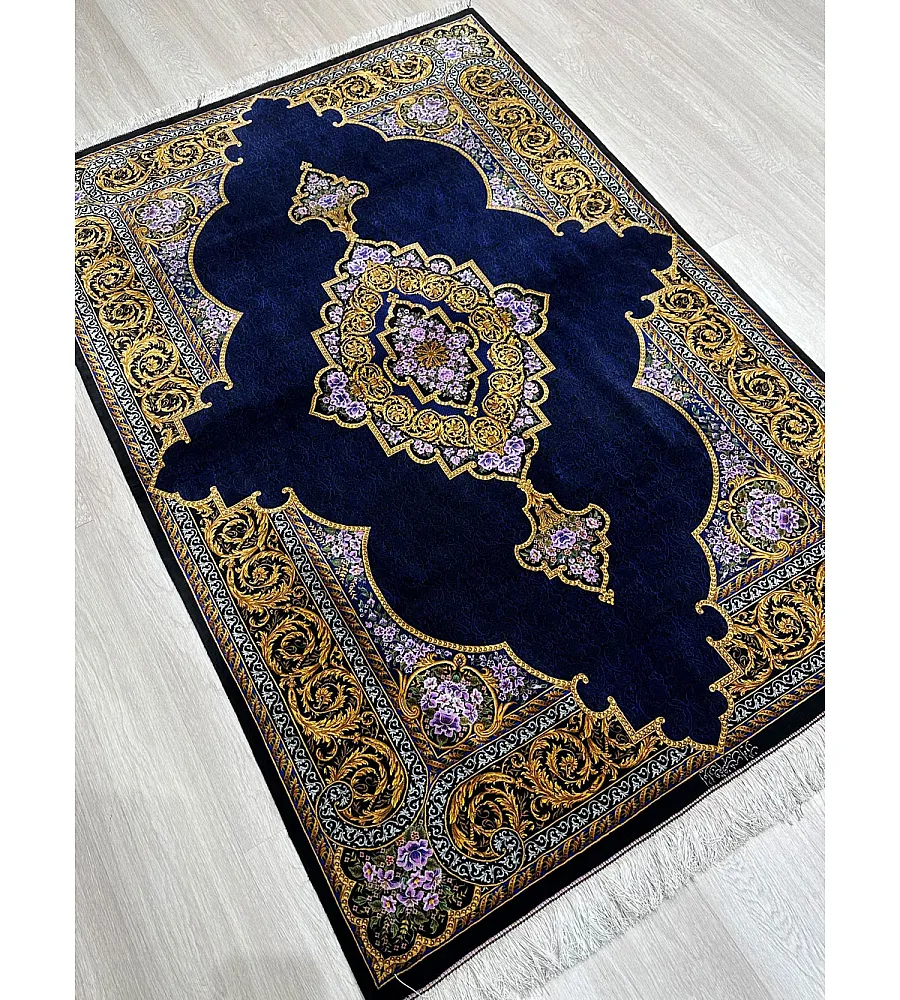 Handmade Persian rug, 3 meters, pure silk with intricate Mosavi design, crafted in Iran; luxurious and elegant home decor piece.