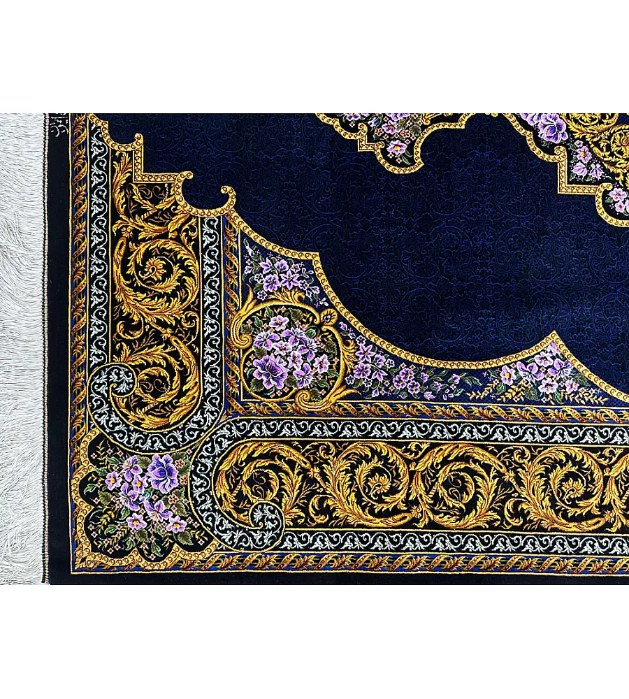 Handmade Persian rug, 3 meters, pure silk with intricate Mosavi design, crafted in Iran; luxurious and elegant home decor piece.