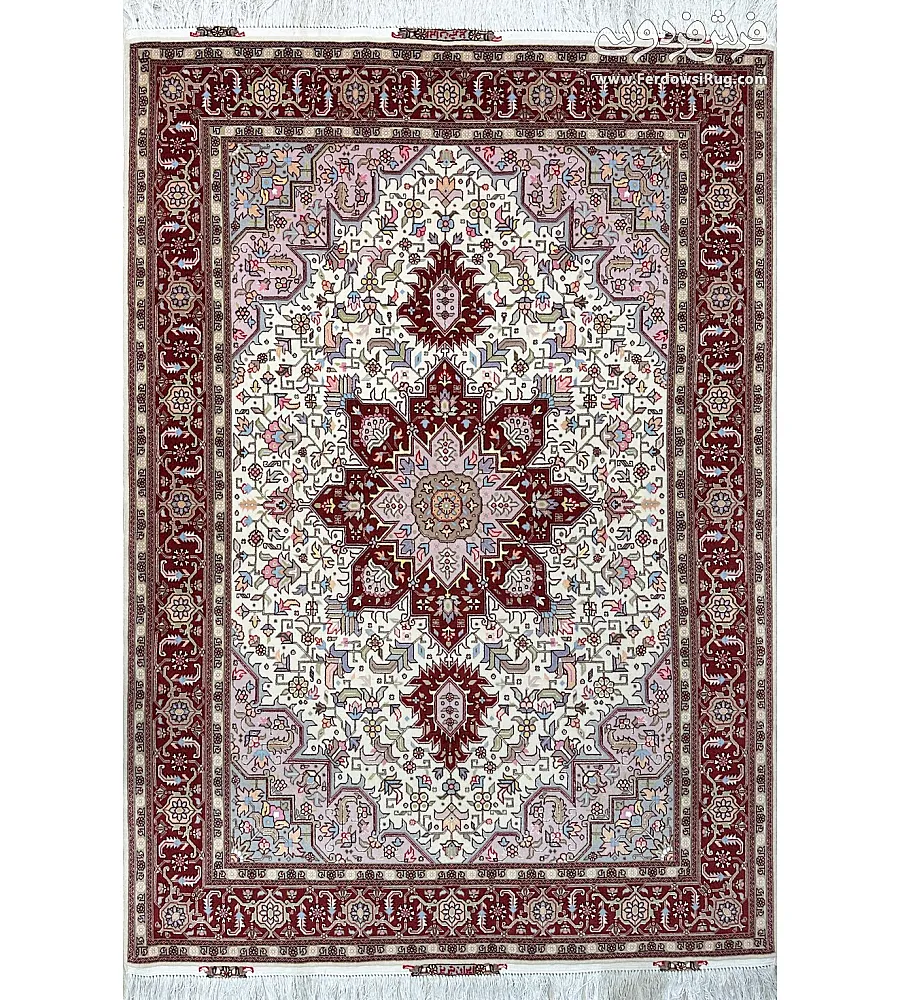 Handwoven 3-meter cream carpet, Harris design with Tabriz weave, perfect for living room decor and adding elegance to any space.