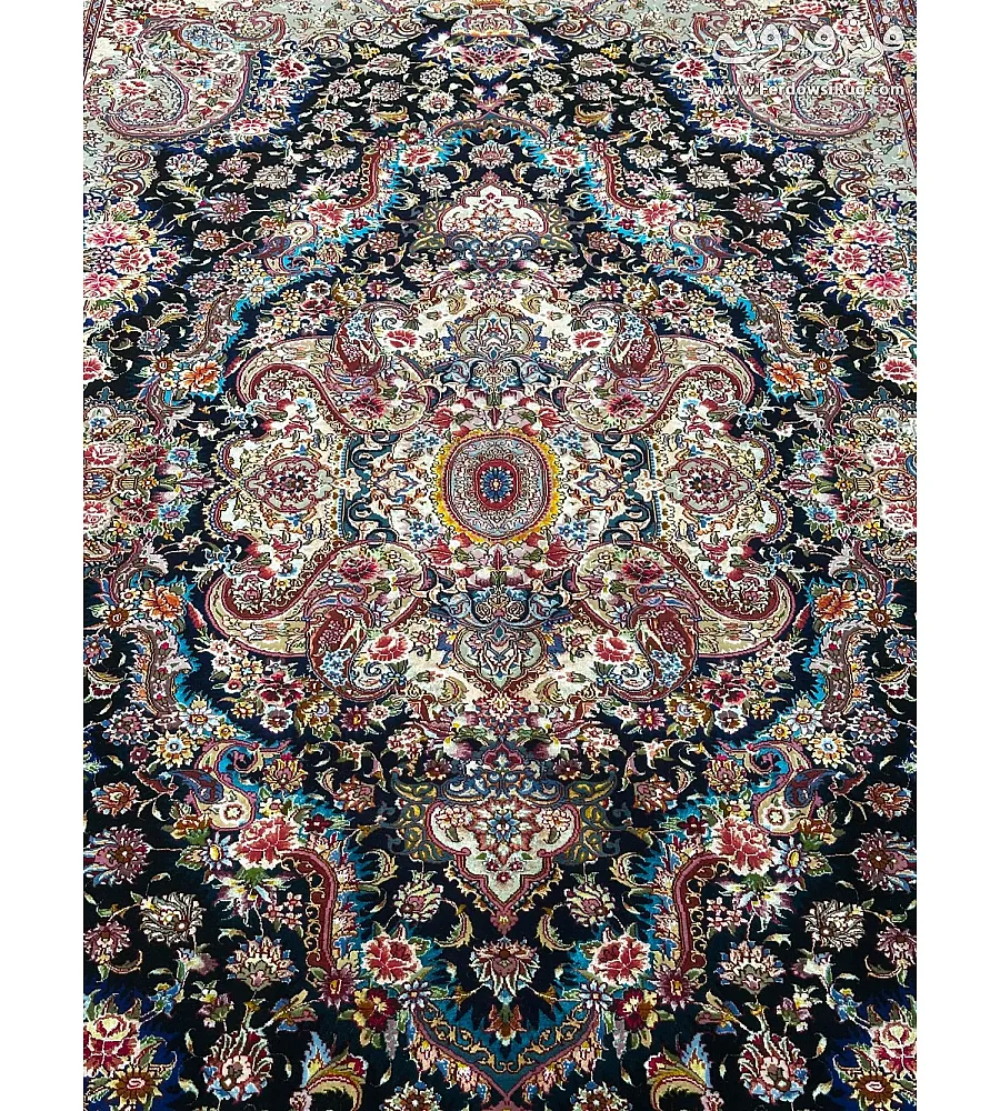 Pair of 6-meter handmade carpets, Salar design, navy blue with intricate silk border, crafted using traditional Tabriz weaving techniques
