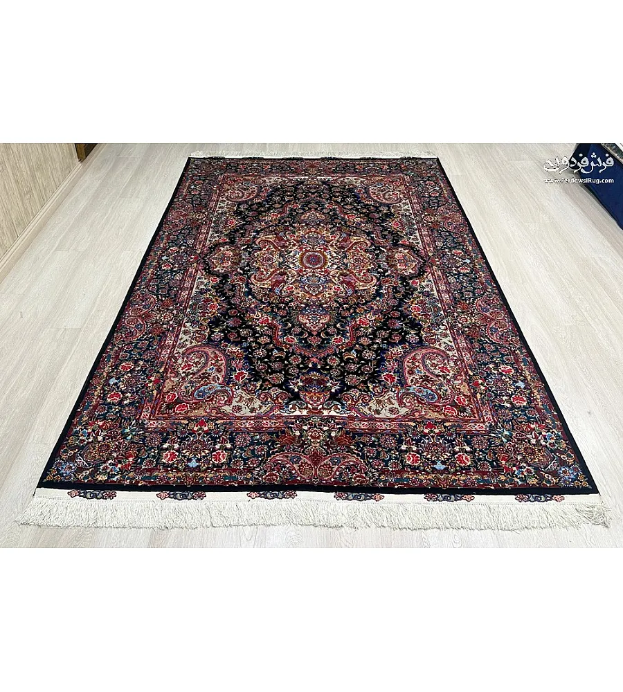 Pair of 6-meter handmade carpets, Salar design, navy blue with intricate silk border, crafted using traditional Tabriz weaving techniques
