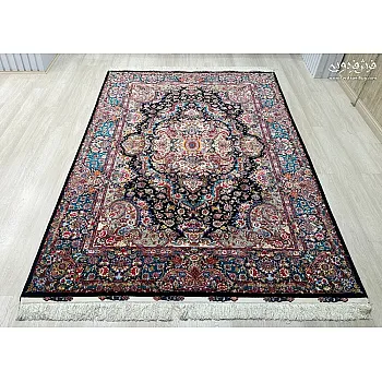 Pair of 6-meter handmade carpets, Salar design, navy blue, silk border, Tabriz weave