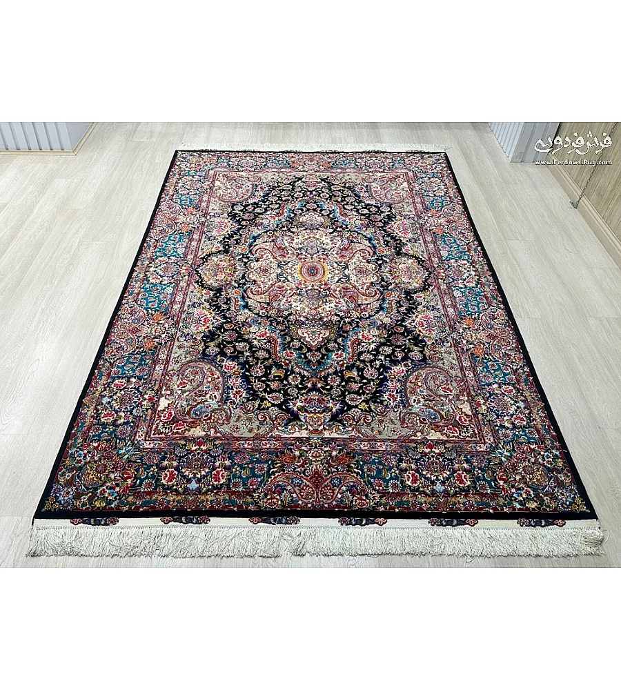 Pair of 6-meter handmade carpets, Salar design, navy blue with intricate silk border, crafted using traditional Tabriz weaving techniques