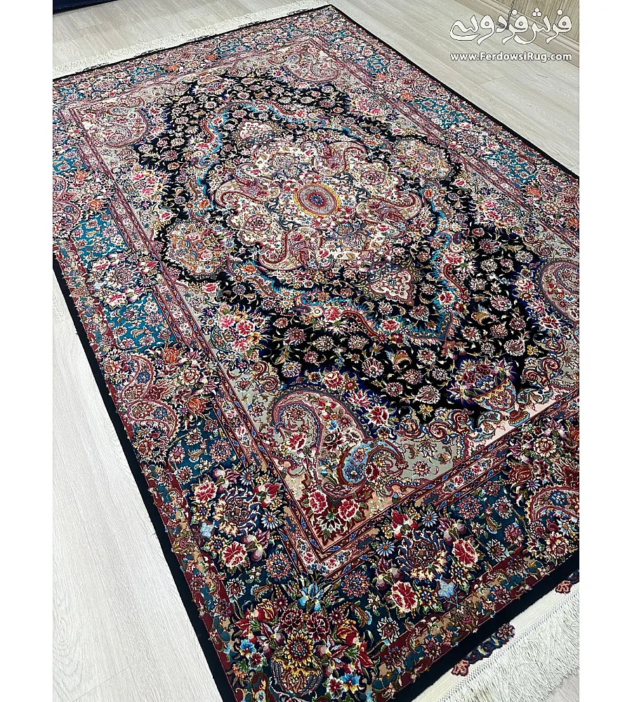 Pair of 6-meter handmade carpets, Salar design, navy blue with intricate silk border, crafted using traditional Tabriz weaving techniques