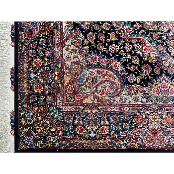 Pair of 6-meter handmade carpets, Salar design, navy blue, silk border, Tabriz weave