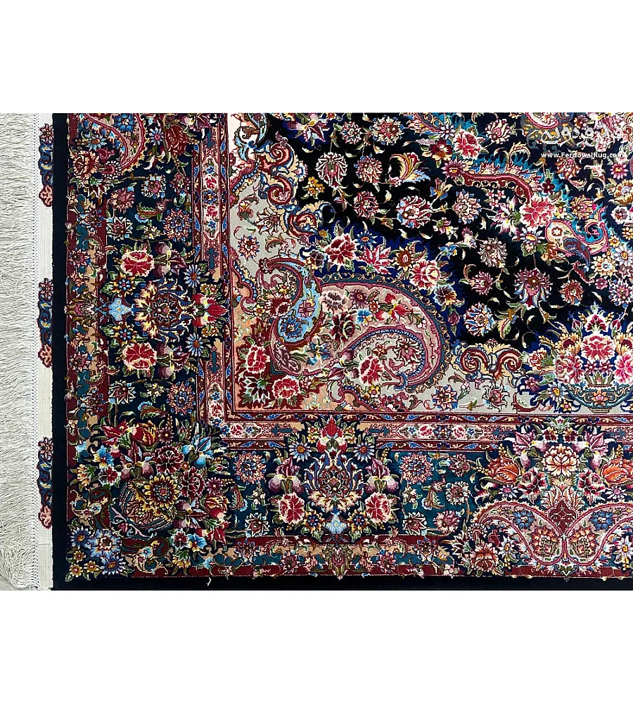 Pair of 6-meter handmade carpets, Salar design, navy blue with intricate silk border, crafted using traditional Tabriz weaving techniques