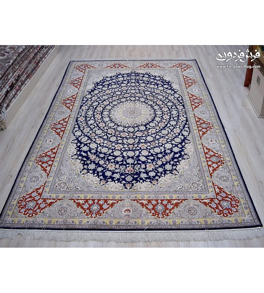 فرش دستباف 6 متری طرح لچک ترنج اصفهان با رنگ های سنتی و کیفیت عالی مناسب برای دکوراسیون کلاسیک و مدرن