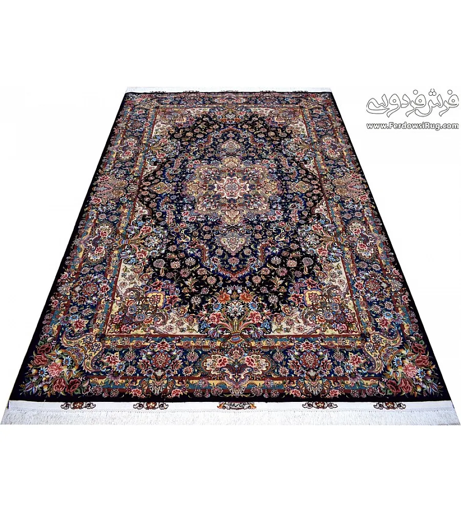 جفت فرش دستباف تبریز طرح سالاری رنگ سرمه ای با حاشیه ابریشم مناسب دکوراسیون کلاسیک و مدرن کیفیت عالی