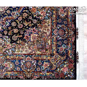 جفت فرش 6 متری دستباف طرح سالاری سرمه ای حاشیه ابریشم تبریز