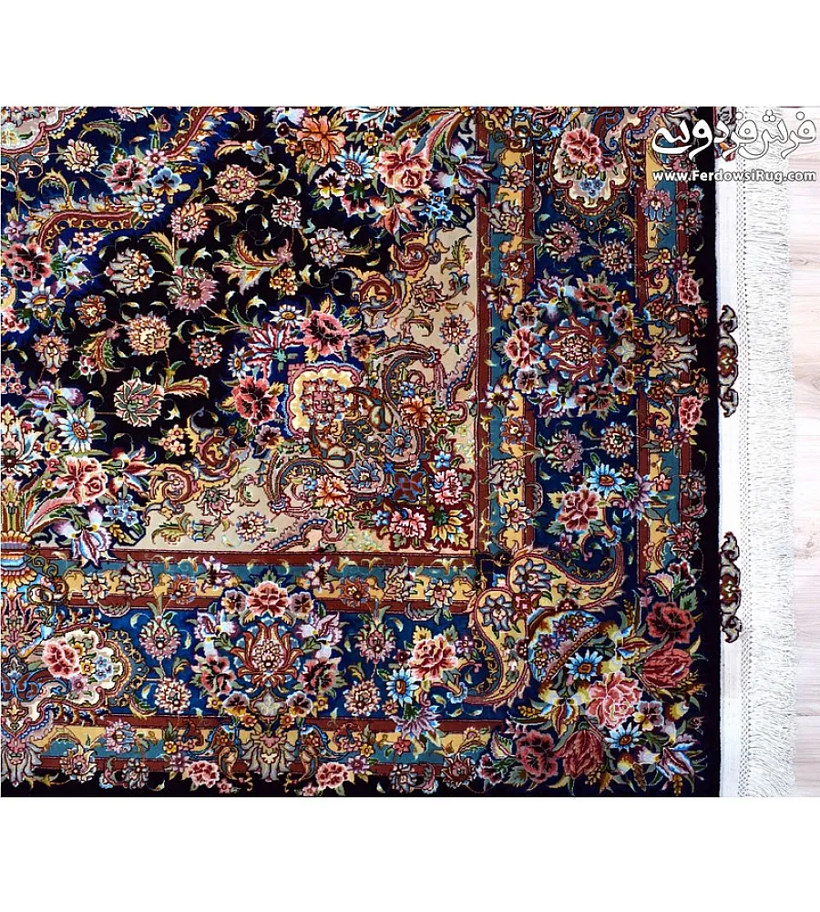 جفت فرش دستباف تبریز طرح سالاری رنگ سرمه ای با حاشیه ابریشم مناسب دکوراسیون کلاسیک و مدرن کیفیت عالی