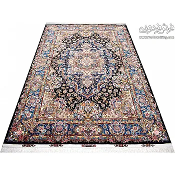 جفت فرش 6 متری دستباف طرح سالاری سرمه ای حاشیه ابریشم تبریز