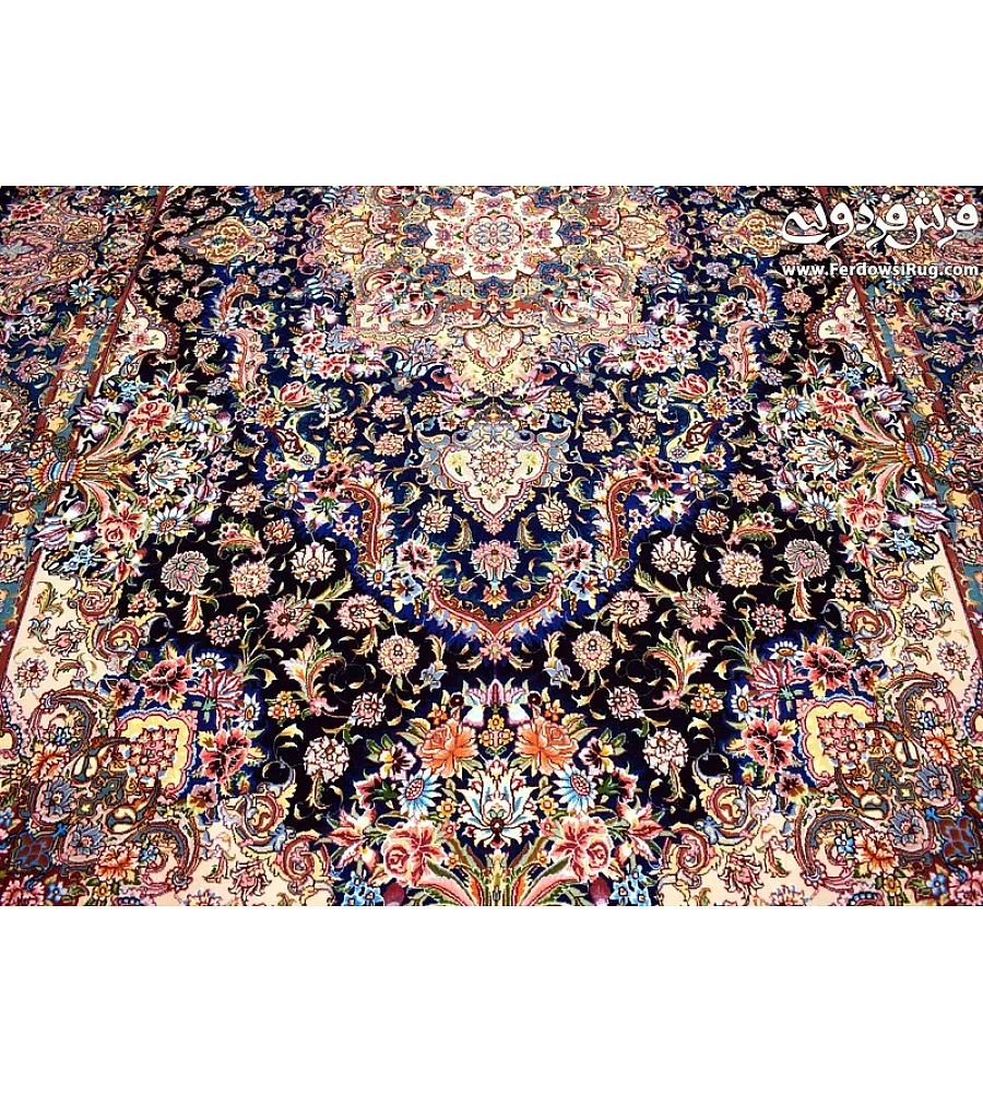 جفت فرش دستباف تبریز طرح سالاری رنگ سرمه ای با حاشیه ابریشم مناسب دکوراسیون کلاسیک و مدرن کیفیت عالی