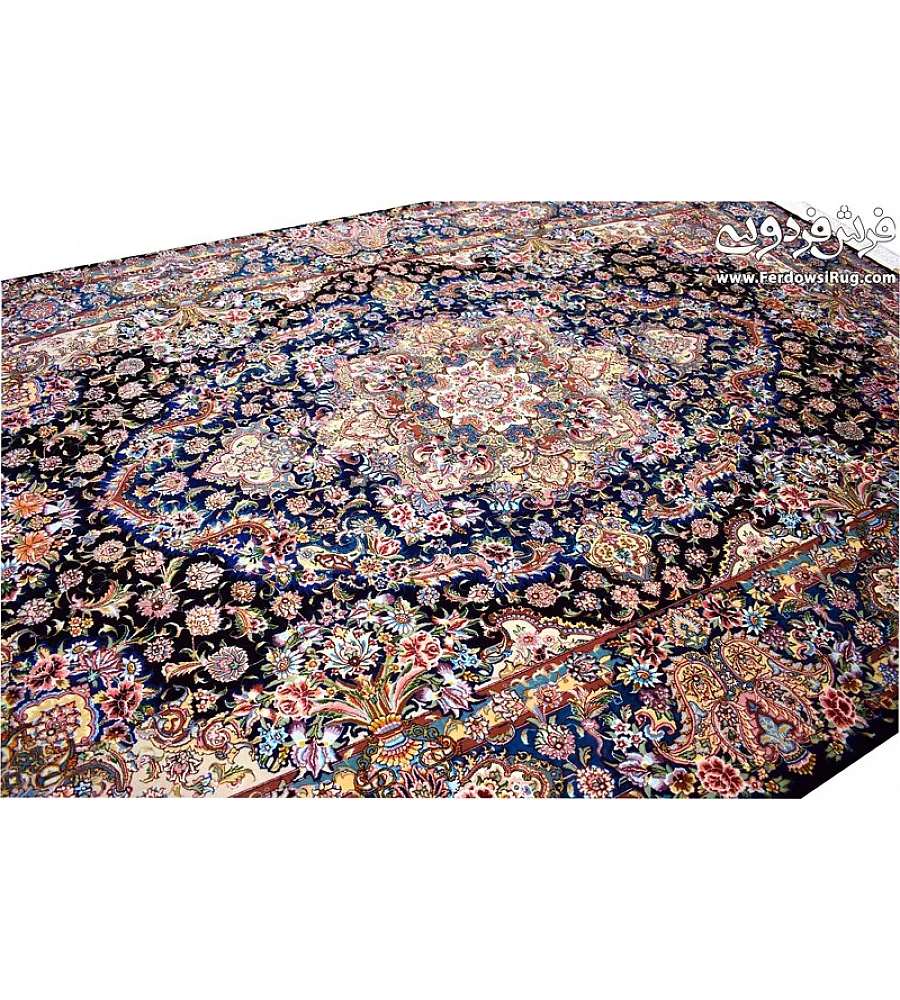 جفت فرش دستباف تبریز طرح سالاری رنگ سرمه ای با حاشیه ابریشم مناسب دکوراسیون کلاسیک و مدرن کیفیت عالی