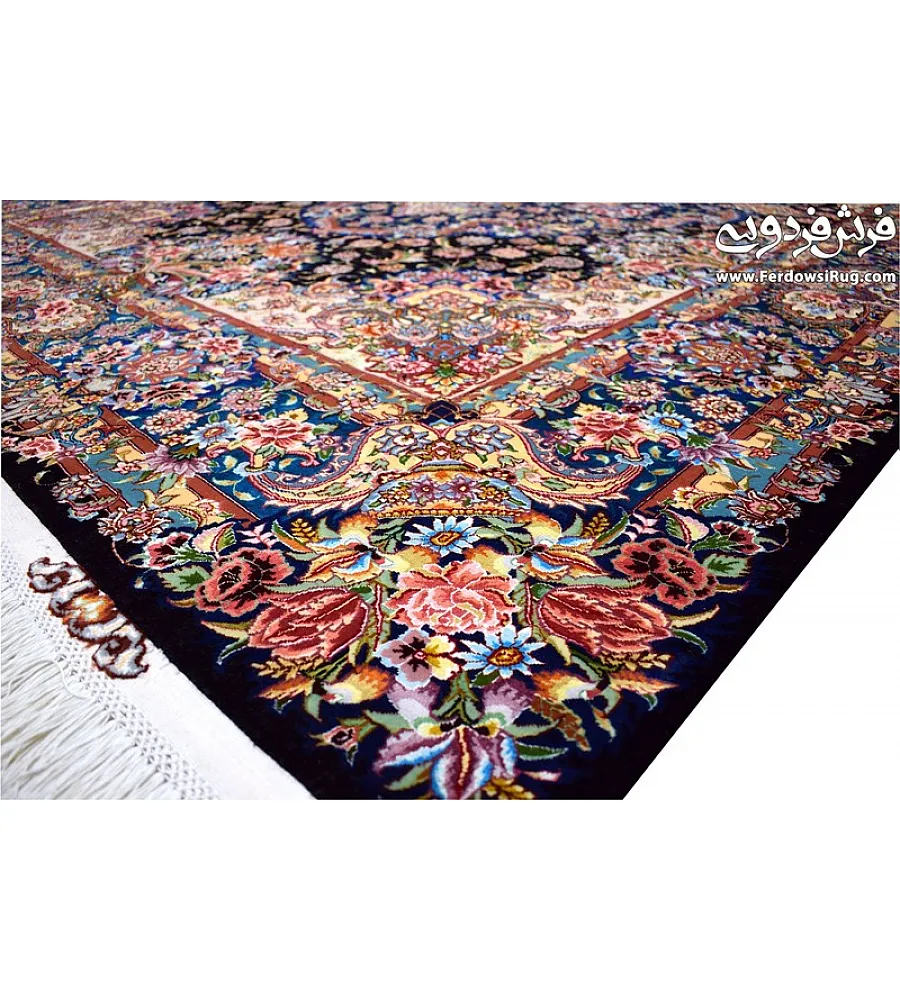 جفت فرش دستباف تبریز طرح سالاری رنگ سرمه ای با حاشیه ابریشم مناسب دکوراسیون کلاسیک و مدرن کیفیت عالی