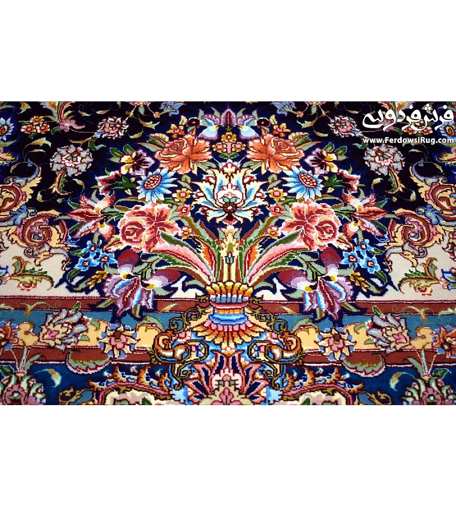 جفت فرش دستباف تبریز طرح سالاری رنگ سرمه ای با حاشیه ابریشم مناسب دکوراسیون کلاسیک و مدرن کیفیت عالی