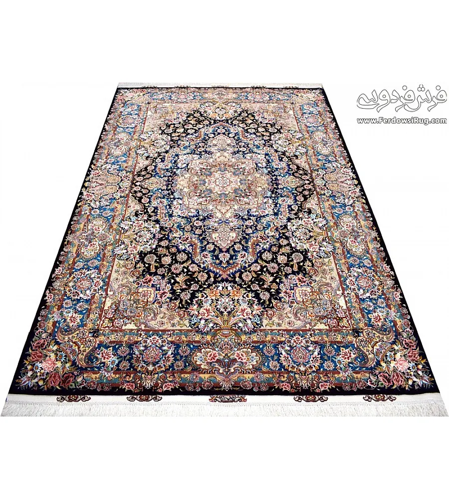 جفت فرش دستباف تبریز طرح سالاری رنگ سرمه ای با حاشیه ابریشم مناسب دکوراسیون کلاسیک و مدرن کیفیت عالی