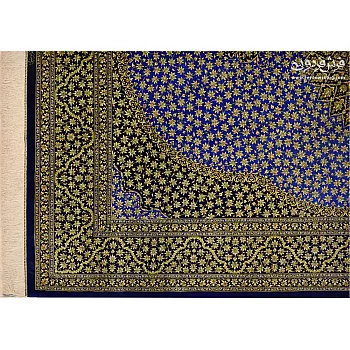 فرش دستباف 6 متری قم تمام ابریشم حاشیه سرمه‌ای