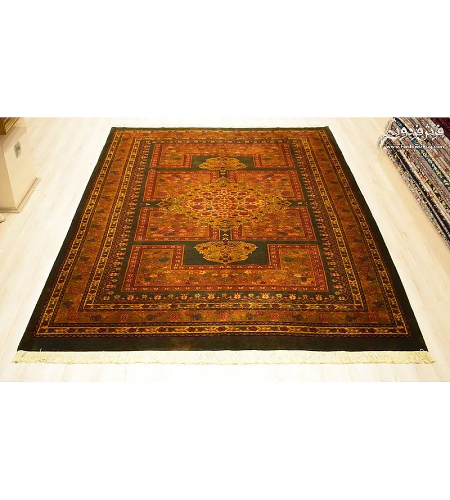 Handmade 6-meter Persian rug with Golestan Marjan design, crafted in Iran, featuring intricate patterns and premium quality.