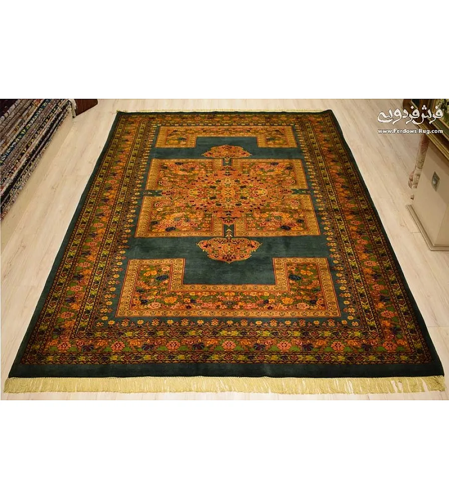 Handmade 6-meter Persian rug with Golestan Marjan design, crafted in Iran, featuring intricate patterns and premium quality.