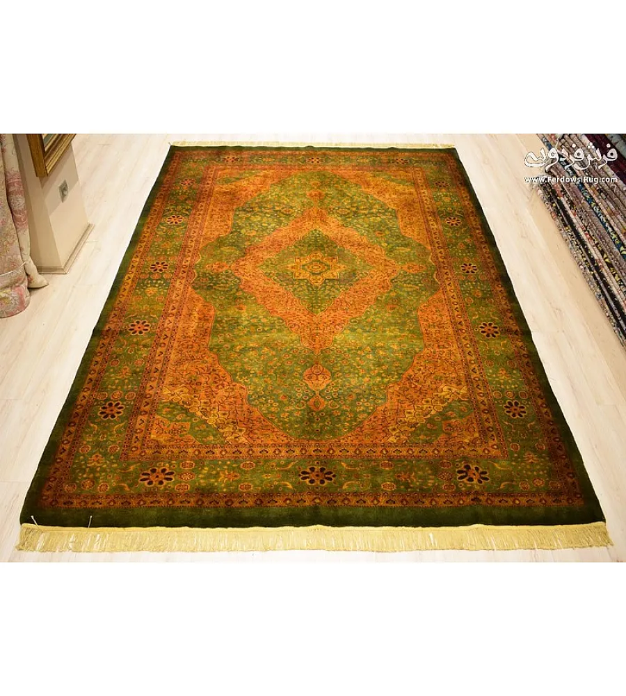 Handmade Iranian rug, 6 meters, featuring an intricate golden design. Perfect for elegant home decor and luxury interiors.