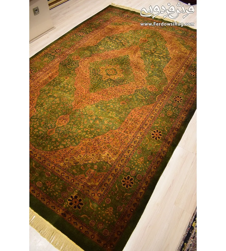 Handmade Iranian rug, 6 meters, featuring an intricate golden design. Perfect for elegant home decor and luxury interiors.