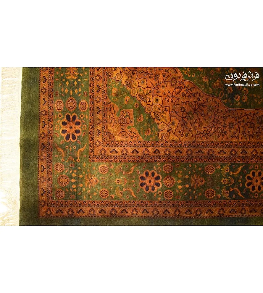 Handmade Iranian rug, 6 meters, featuring an intricate golden design. Perfect for elegant home decor and luxury interiors.