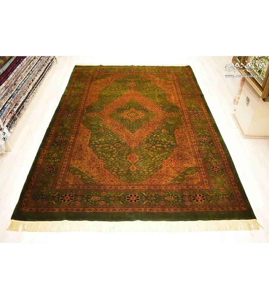 Handmade Iranian rug, 6 meters, featuring an intricate golden design. Perfect for elegant home decor and luxury interiors.
