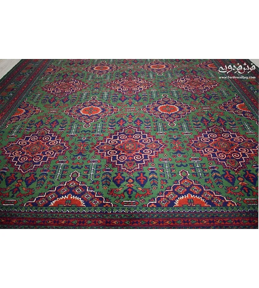 Handmade Iranian rug, 6 meters, featuring intricate Khanmohamadi design in green and red tones, perfect for home or office decor
