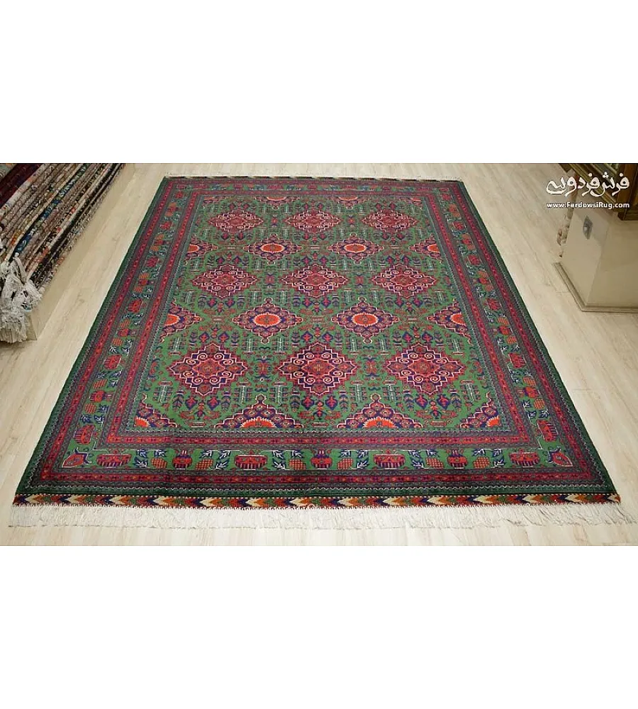 Handmade Iranian rug, 6 meters, featuring intricate Khanmohamadi design in green and red tones, perfect for home or office decor