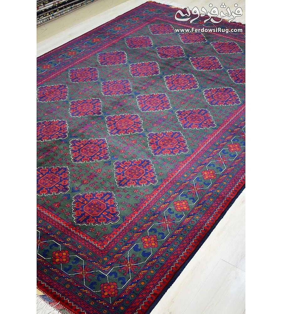 فرش دستباف 6 متری مدرن طرح قرمز و سبز بافت خراسان مناسب دکوراسیون شیک و کلاسیک