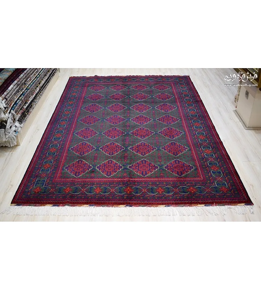 فرش دستباف 6 متری مدرن طرح قرمز و سبز بافت خراسان مناسب دکوراسیون شیک و کلاسیک