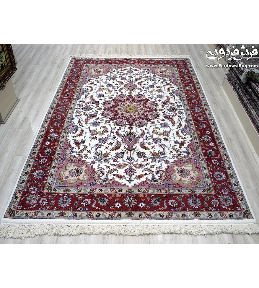 Pair of 6-meter handwoven cream carpets, Golriz design, Kashmar weave, perfect for elegant home decor and luxurious floor covering.