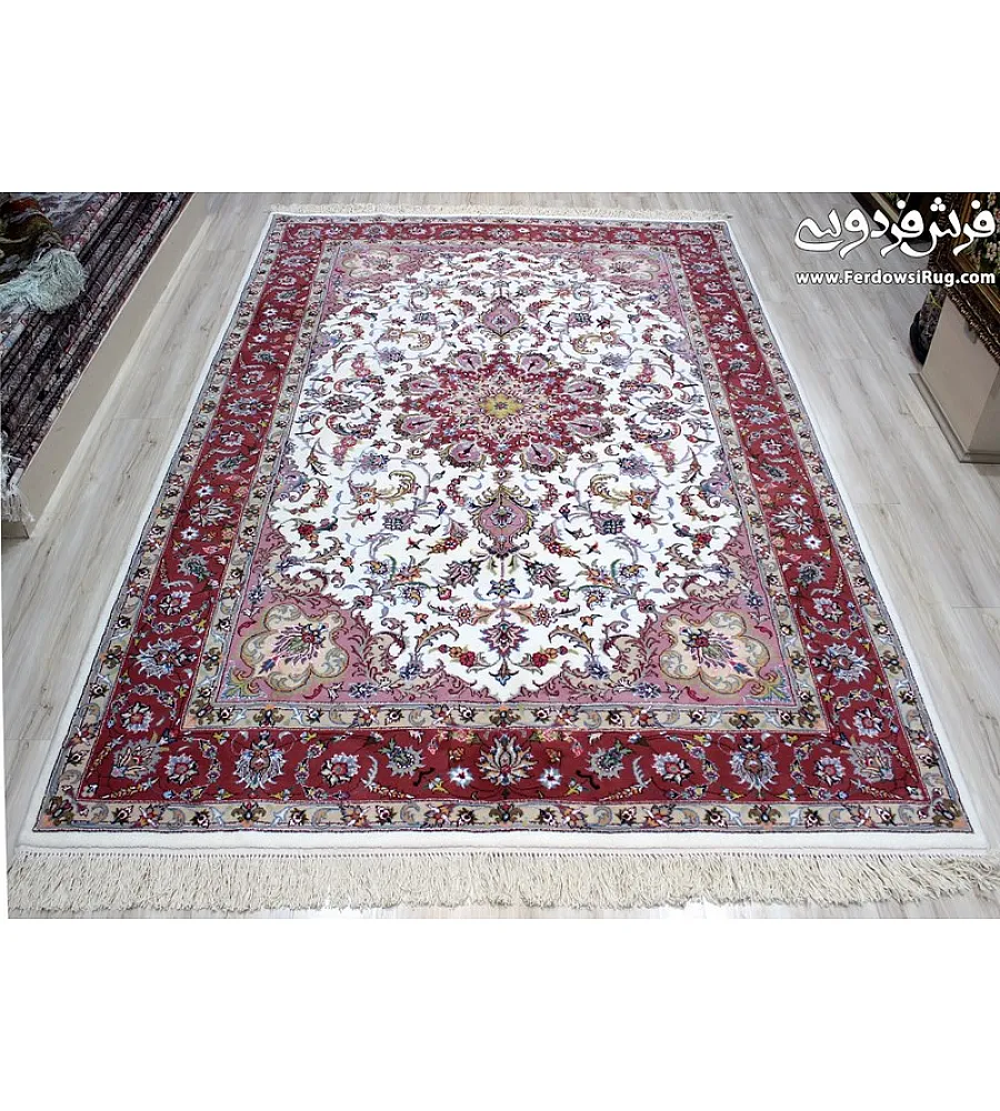 Pair of 6-meter handwoven cream carpets, Golriz design, Kashmar weave, perfect for elegant home decor and luxurious floor covering.