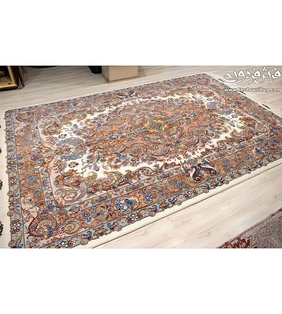 فرش 6 متری دستباف مشهد طرح نوین فر بافت رنگ لاکی و کرم مناسب دکوراسیون کلاسیک و مدرن با کیفیت عالی