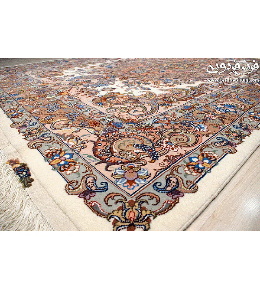 فرش 6 متری دستباف مشهد طرح نوین فر بافت رنگ لاکی و کرم مناسب دکوراسیون کلاسیک و مدرن با کیفیت عالی