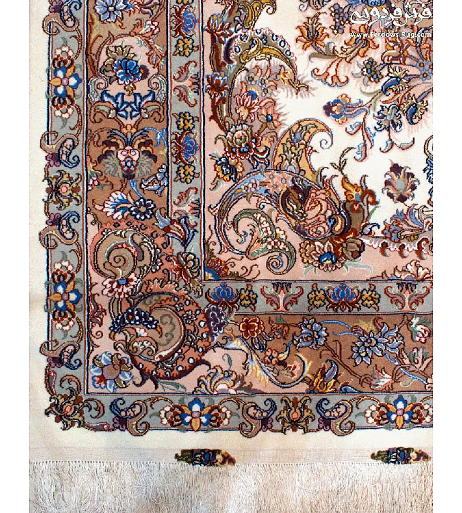 فرش 6 متری دستباف مشهد طرح نوین فر بافت رنگ لاکی و کرم مناسب دکوراسیون کلاسیک و مدرن با کیفیت عالی