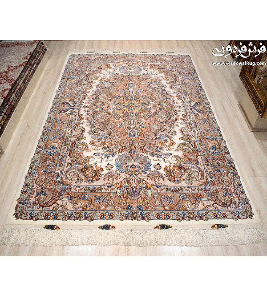فرش 6 متری دستباف مشهد طرح نوین فر بافت رنگ لاکی و کرم مناسب دکوراسیون کلاسیک و مدرن با کیفیت عالی