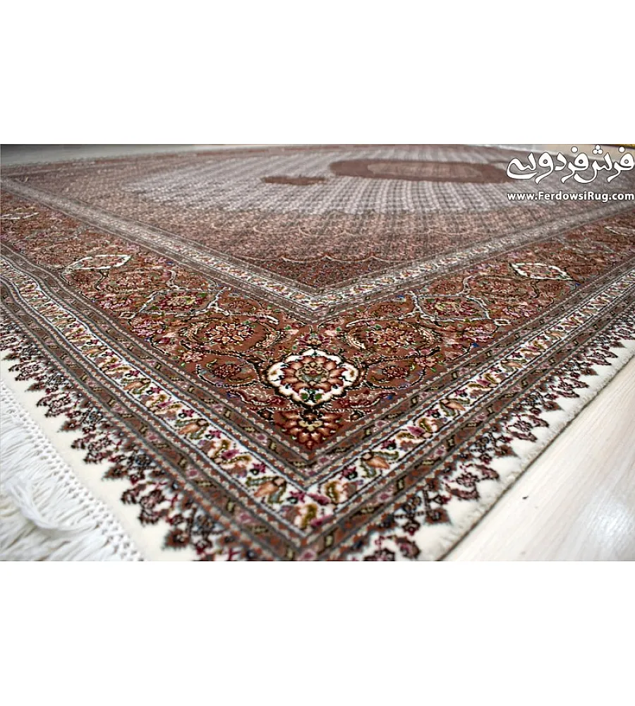 Handmade 6-meter carpet, Abdollahi design, cream color, crafted with Tabriz weaving technique, elegant and durable for home decor.