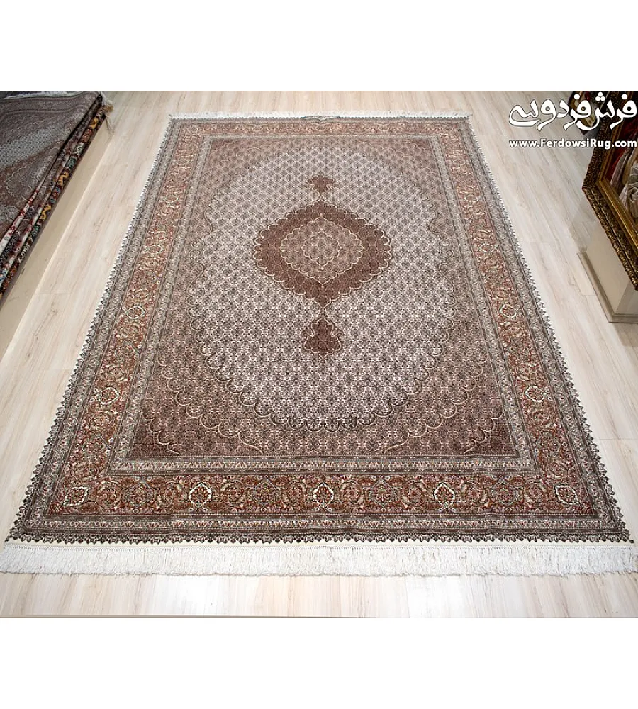 Handmade 6-meter carpet, Abdollahi design, cream color, crafted with Tabriz weaving technique, elegant and durable for home decor.