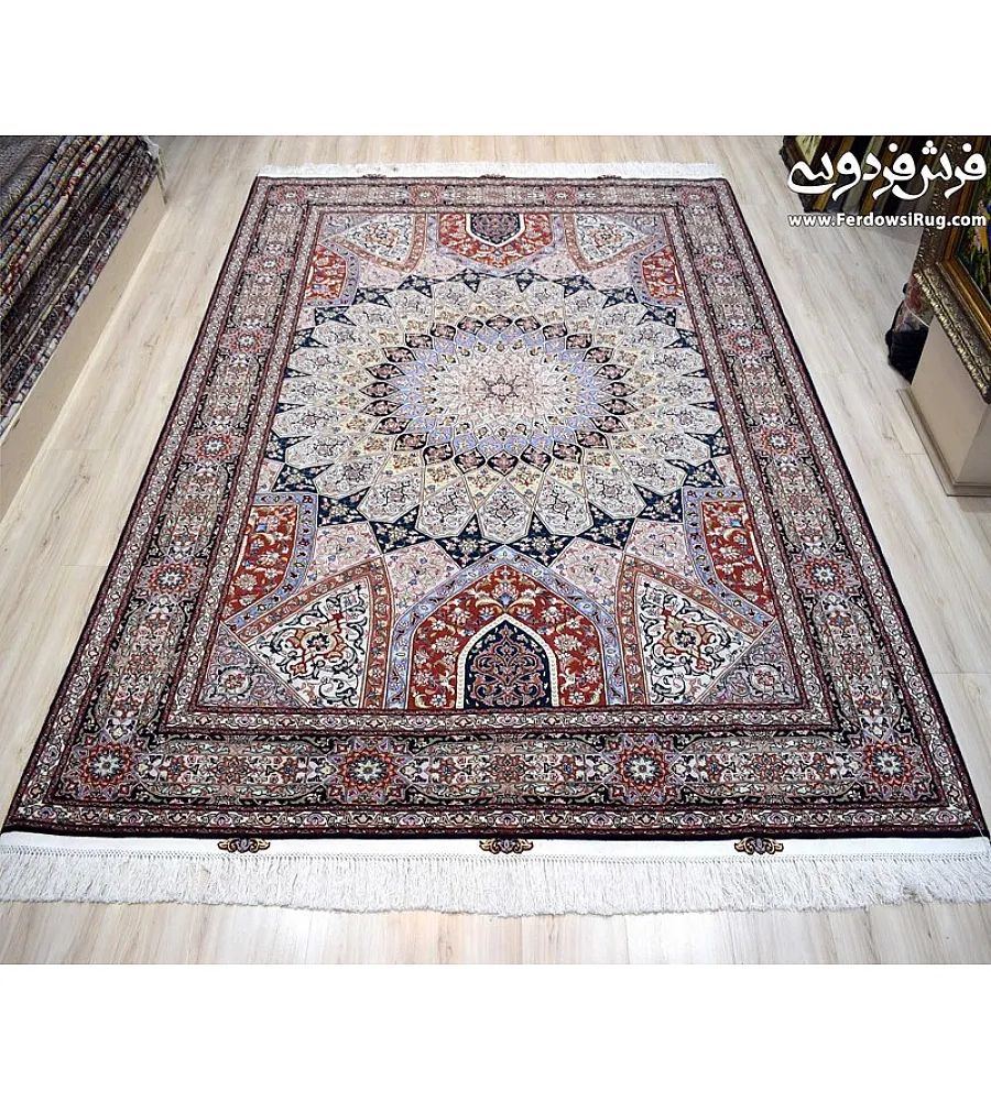 Handwoven 6-meter carpet with intricate Gonbad design, crafted in Tabriz weave; ideal for adding elegance to any living space.