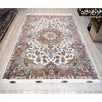 6-meter handwoven carpet pair with Khatibi design, cream Mashhad