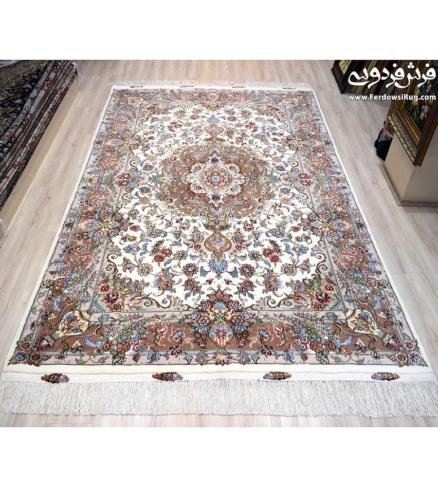 Handwoven 6-meter cream Mashhad carpet pair featuring intricate Khatibi design, perfect for luxurious interiors.
