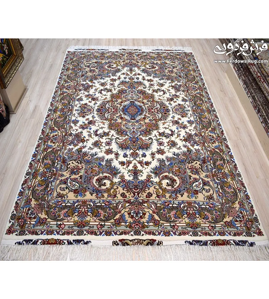 Pair of 6-meter handwoven carpets, Khatibi design with brown border, Mashhad weave, elegant and durable for home or office spaces.
