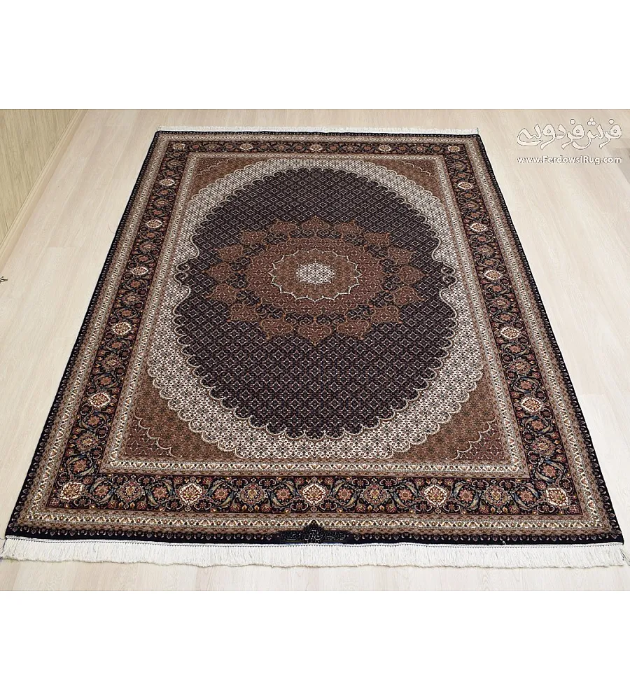 فرش دستباف 6 متری جفت طرح ریزماهی عبداللهی با ترنج خورشیدی تبریز رنگ بندی سنتی مناسب دکوراسیون کلاسیک