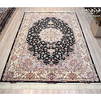 Handwoven 6-meter carpet, Aliya design, black with cream border, Tabriz | Ferdowsi Carpet
