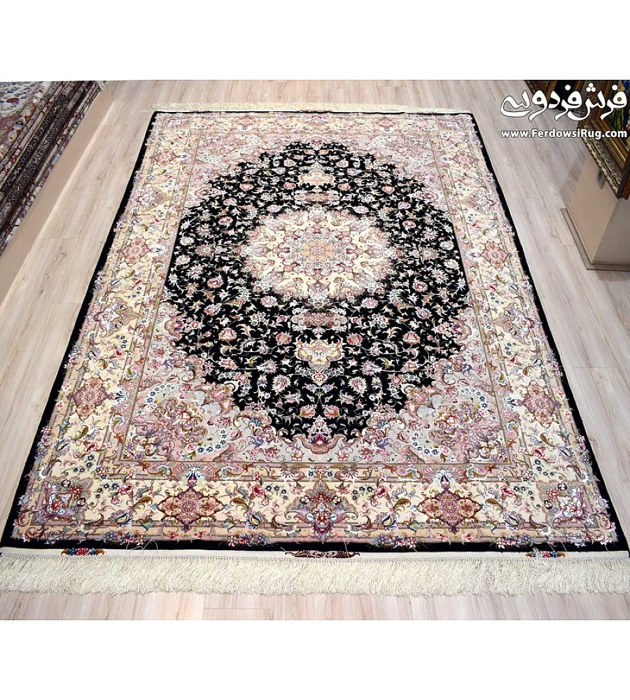 Handwoven 6-meter Aliya design carpet, black with cream border, Tabriz style, perfect for home decor and luxury interiors.